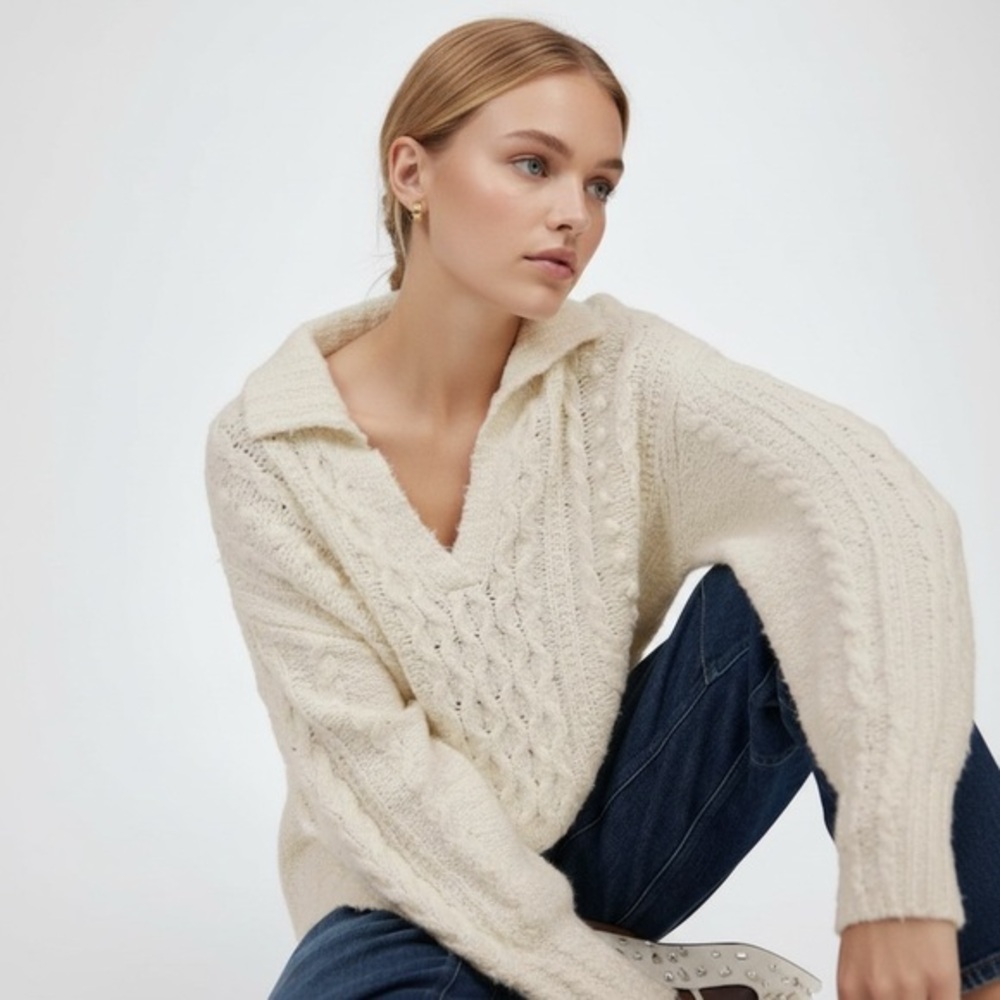 Madewell Cream V-Neck Cable Knit Sweater-New